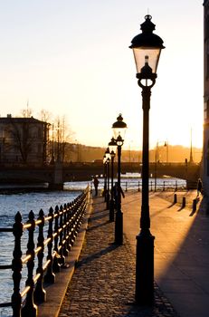 Classical view of winter Stockholm City at sunset