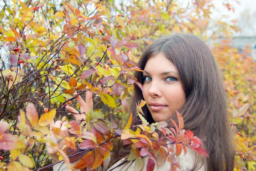 Beautiful romantic brunette with golden autumn leaf close-up portrait