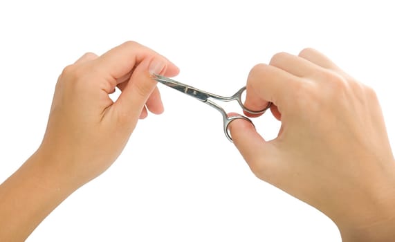 Manicure preparation. Female hands make manicure.