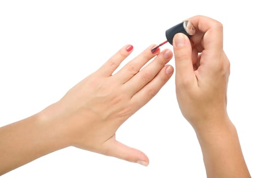 Manicure preparation. Female hands make manicure.