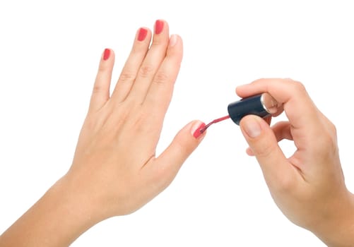 Manicure preparation. Female hands make manicure.