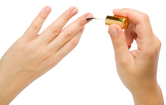 Manicure preparation. Female hands make manicure.