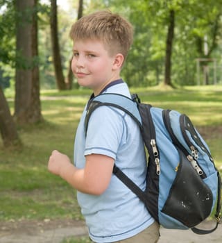 The little boy with a backpack in green park