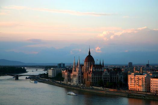 Budapest late afternoon, view on the Chain Bridge over the river Danube, and Parliament Buildings