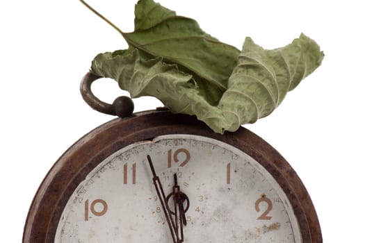 Autumn leave on old clock over white