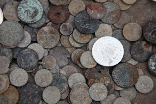 Wonderful collection of old coins from different countries, El-Jem market, Tunisia