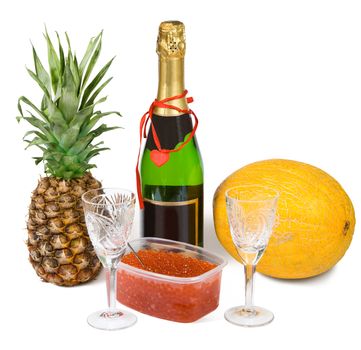 Festive set with champagne and caviar isolated on white with clipping path