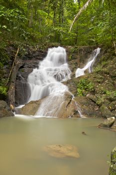 Waterfall in jungle with lush green trees around