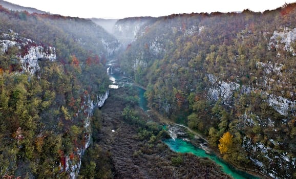 Plitvice lakes national park - early morning autumn view - canyon in fog