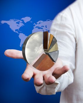 Business man holding growth graph with world map background