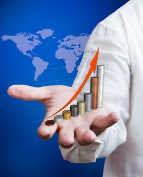 Business man holding growth graph with world map background