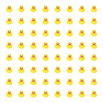 Yellow toy ducks in row background against white