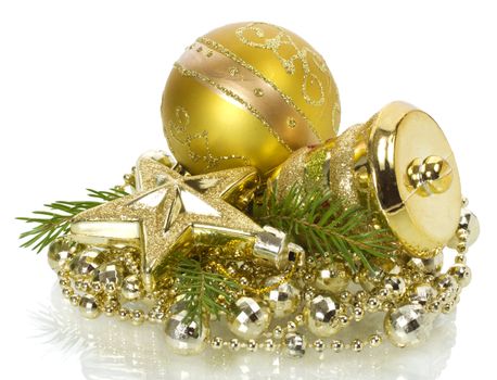 golden christmas decorations, isolated on white