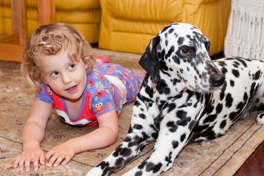 Two pals playing on the carpet together.