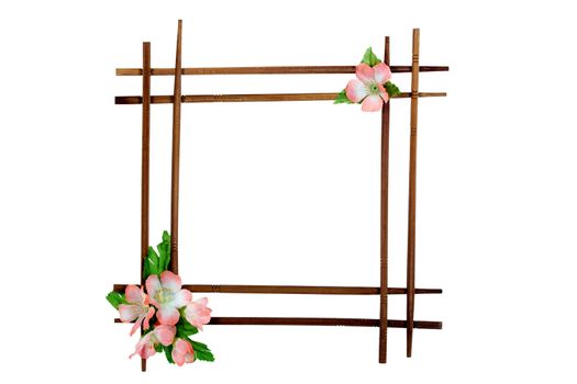 Decorative wooden frame with flowers, isolated on white background