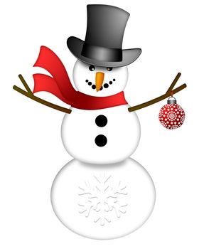 Snowman with Top Hat and Red Scarf Holding Christmas Ornament Isolated on White Background Illustration
