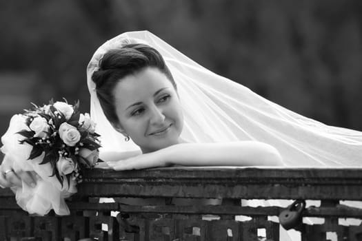 The beautiful bride on a green background