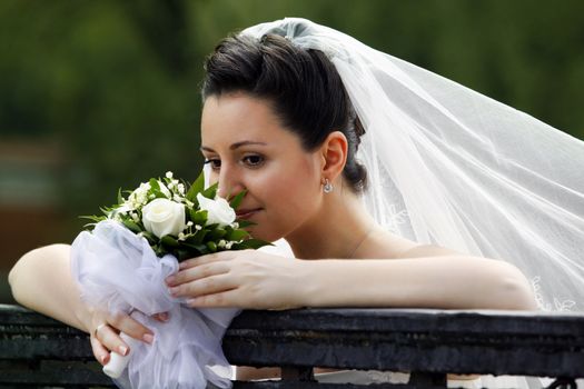 The beautiful bride on a green background