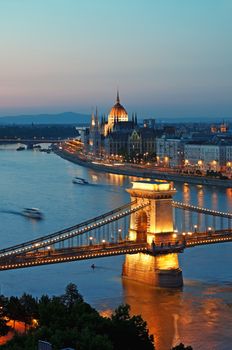 View of Chain Bridge, Hungarian Parliament and River Danube form Buda Castle.