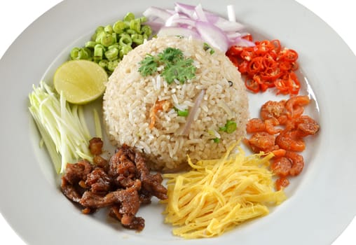 Mixed cooked rice with shrimp paste sauce and fresh vegetable