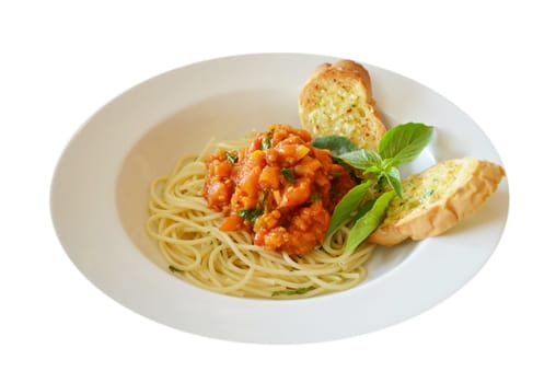 pasta with tomato sauce and meat and garlic bread