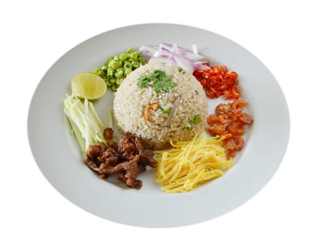 Mixed cooked rice with shrimp paste sauce and fresh vegetable