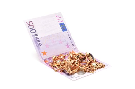 Gold ornaments and euro isolated on a white background                                    