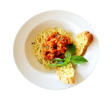 pasta with tomato sauce and meat and garlic bread