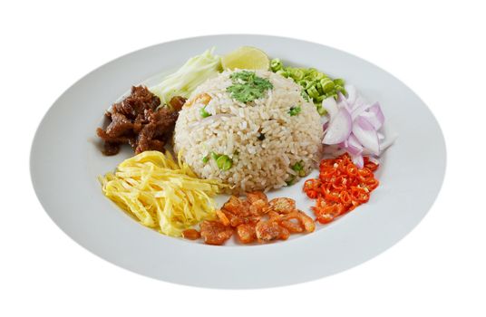 Mixed cooked rice with shrimp paste sauce and fresh vegetable