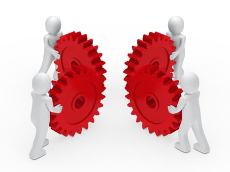 3d man teamwork circle with red gear