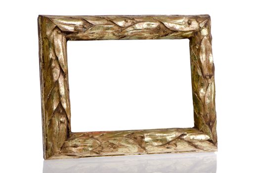 Golden photo frame on top of white reflective surface.