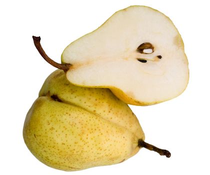Open and closed pear on a white background