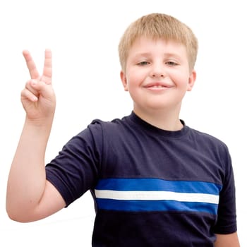 boy with victory gesture on a white background