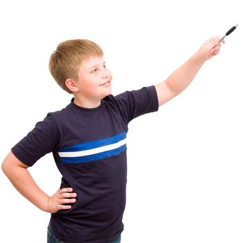 schoolboy with a pen on a white background