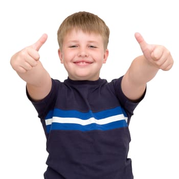 Boy with two thumbs up on a white background
