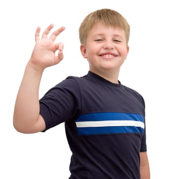 Boy with O.K. on a white background