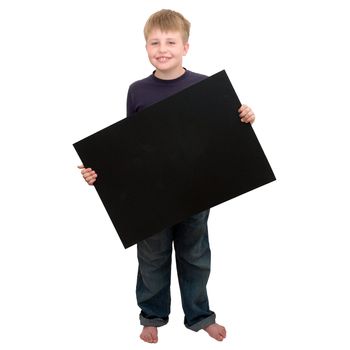 Child holding an empty sign on a white background