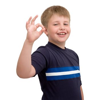 Boy with O.K. on a white background