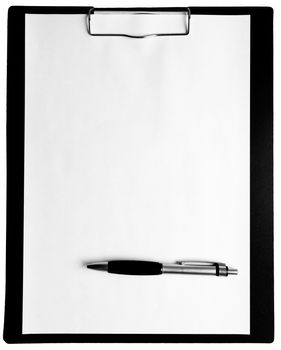 A piece of blank paper and a pen on clipboard, isolated white background.