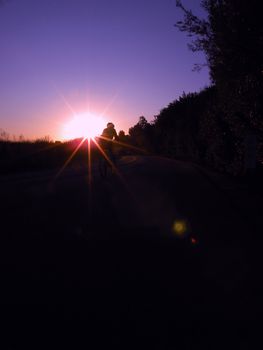 a bicyclist riding on a bike path at sunrise