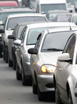 Morning traffic jam on a road in Kiev