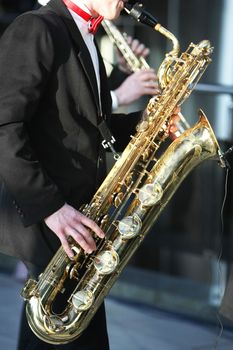 A man playing a saxophone