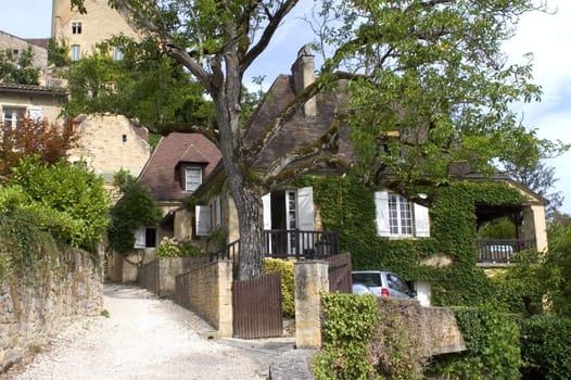 Castelnaud, the village and its castle. French village in the Perigord region where the war took place 100 years