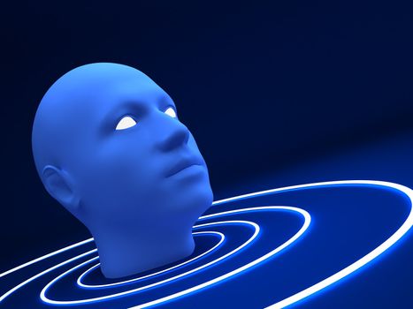 3d blue head and glowing circles - futuristic background
