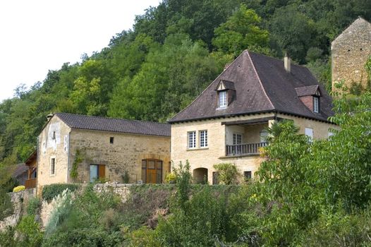 Castelnaud, the village and its castle. French village in the Perigord region where the war took place 100 years