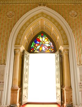 Church door of Niwet Thamma Pravat Temple, Ayutthaya, Thailand.