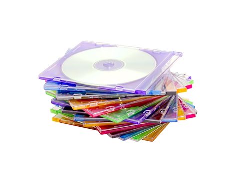 a stack of colored CDs in boxes