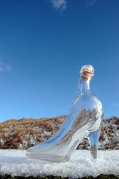 a glass slipper on a snow covered surface with a blue sky background