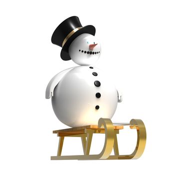 Snowman on golden sledge Christmas decoration isolated on white 3d render