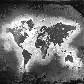 The world map, black-and-white tones, in style grunge